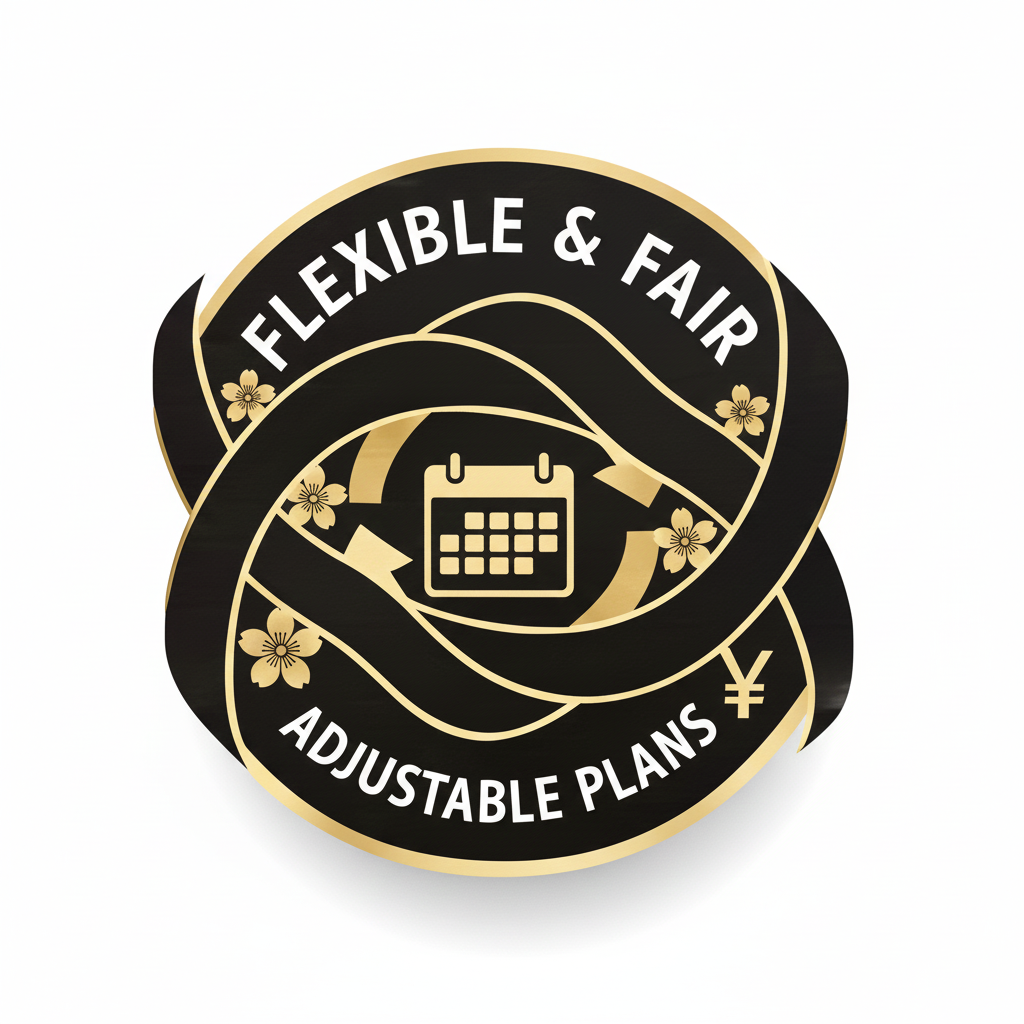 Black and gold badge with the text 'Flexible & Fair' and 'Adjustable Plans', featuring a calendar icon and floral designs.