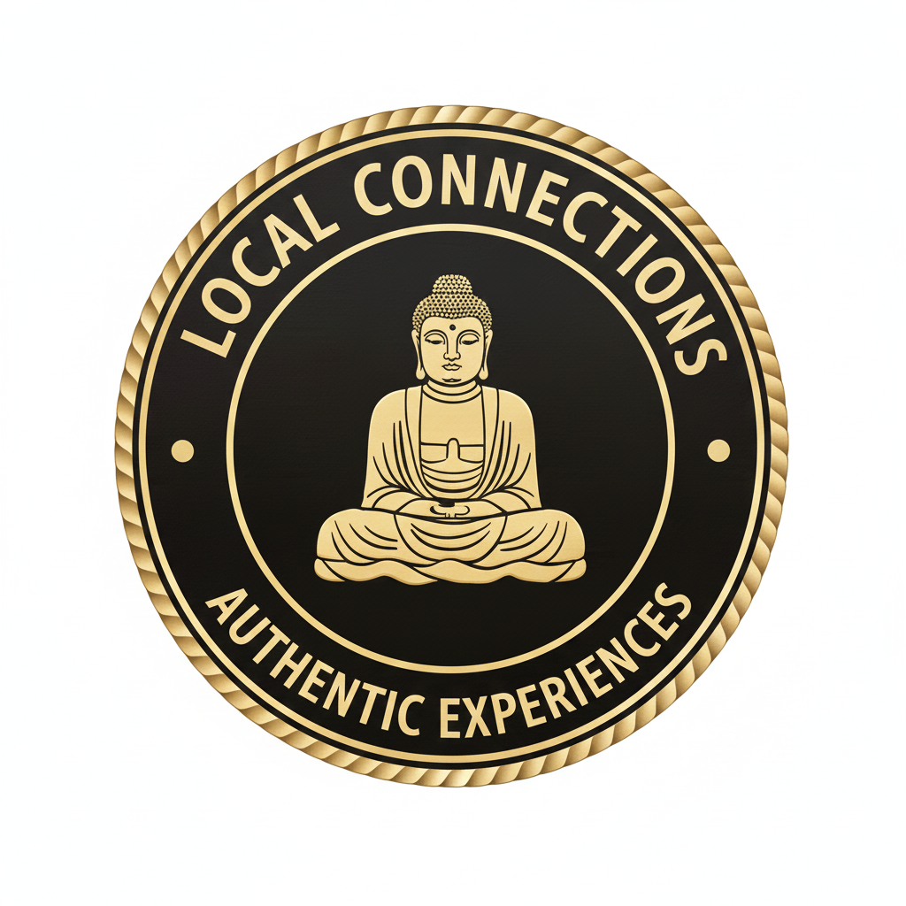 Circular emblem featuring a seated Buddha figure with the text 'Local Connections' and 'Authentic Experiences' in a gold and black design.