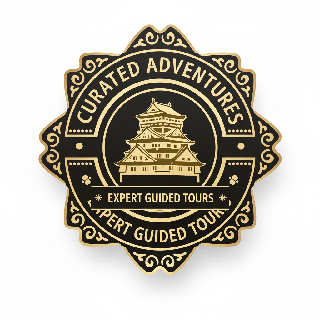 Curated Adventures badge featuring a traditional Japanese castle design with the text 'Expert Guided Tours' in a decorative circular layout.