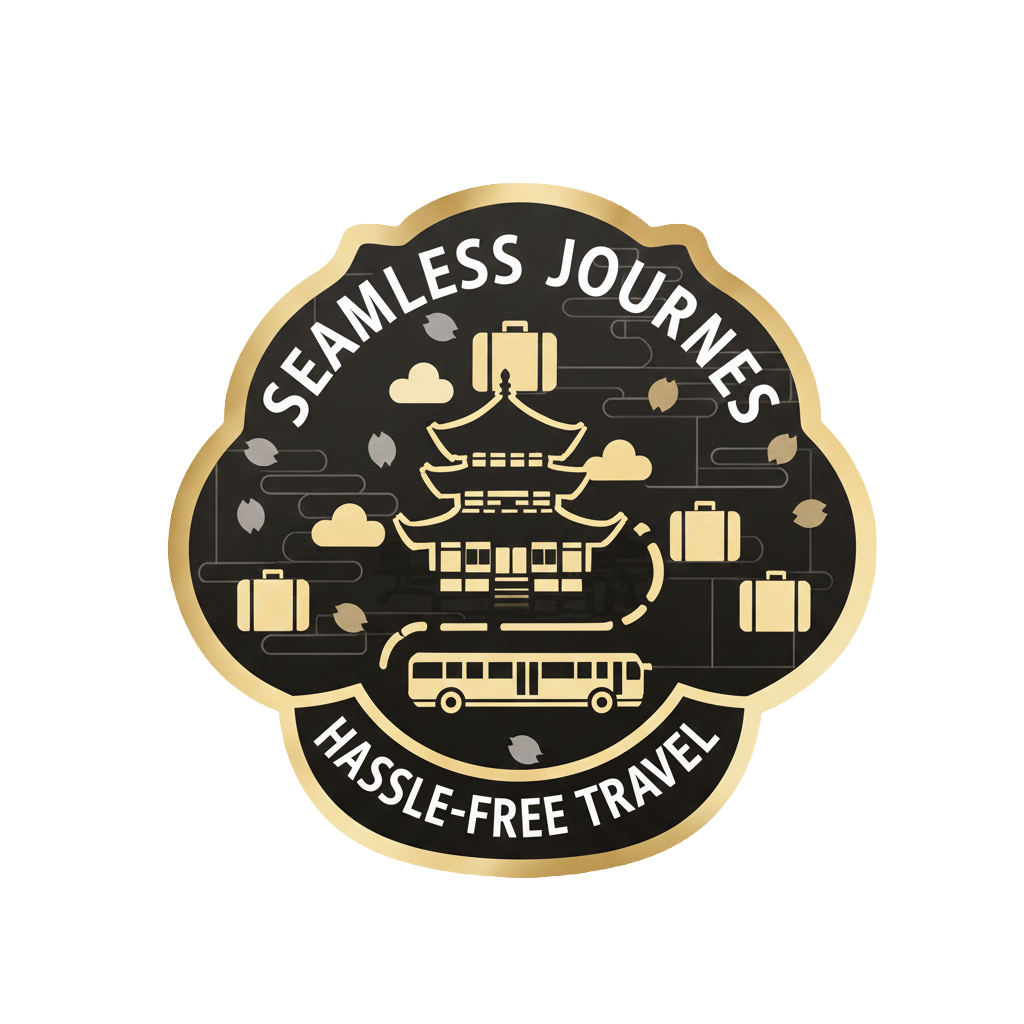 Logo featuring a stylized pagoda and travel icons with the text 'Seamless Journeys' and 'Hassle-Free Travel' in a circular design.