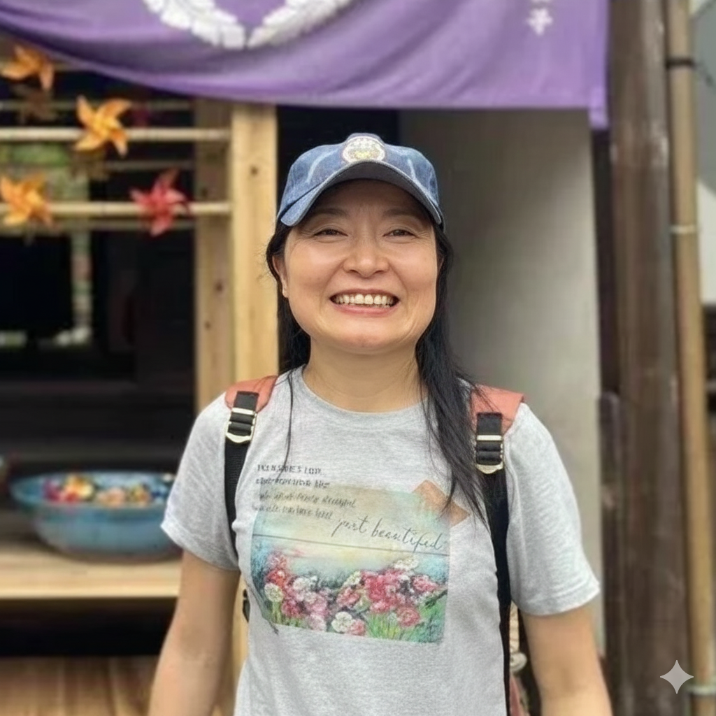 Woman smiling while wearing a gray t-shirt with floral design and a blue cap, standing outdoors with wooden structures in the background.