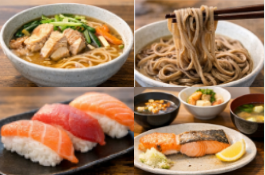A variety of Japanese dishes including ramen with chicken, soba noodles, sushi with salmon, and a plate of grilled salmon with sides. Osaka Gluten-Free