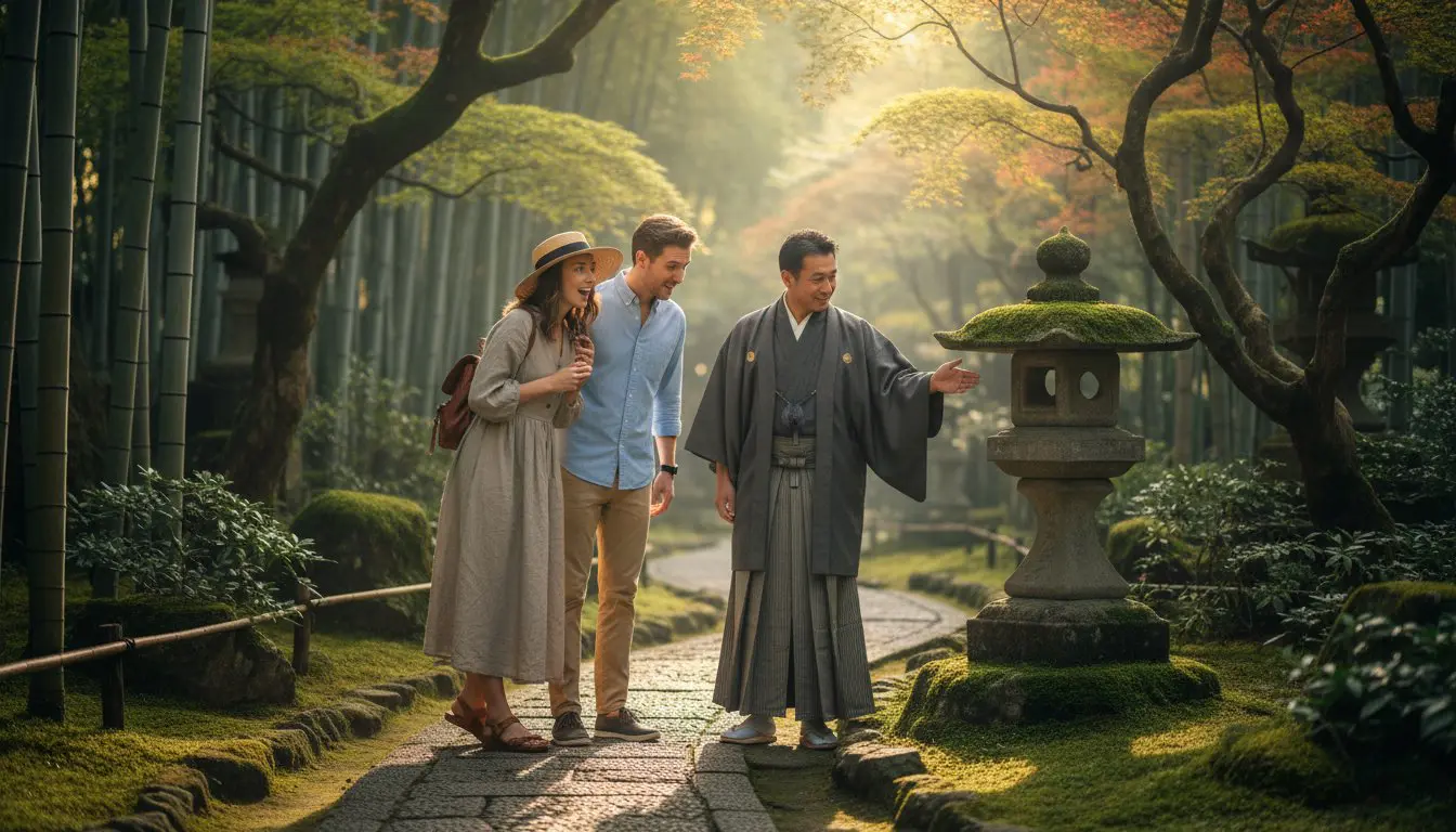 Kyoto private tour scene with travelers and a guide in traditional garb among a mossy stone lantern and bamboo grove along a stone path, near Fushimi Inari context