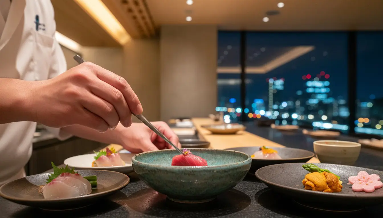 Dimly lit sushi counter in a Kaiseki setting with a chef plating at the counter, overlooking a nighttime city skyline of Kyoto-Osaka in the Kansai region.