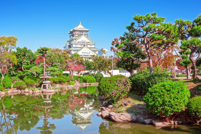 Osaka Castle rises behind a serene Japanese garden with a reflective pond, stone lantern, manicured shrubs and pine trees under a bright blue sky in Kansai, during a Best Adventure Kansai walking tour in Osaka.Osaka Photo Spots