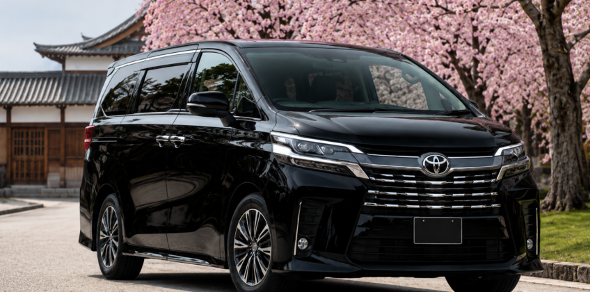 Under pink cherry blossoms, a black Toyota luxury minivan stands beside a traditional Kyoto building along a quiet paved lane in spring sunshine.