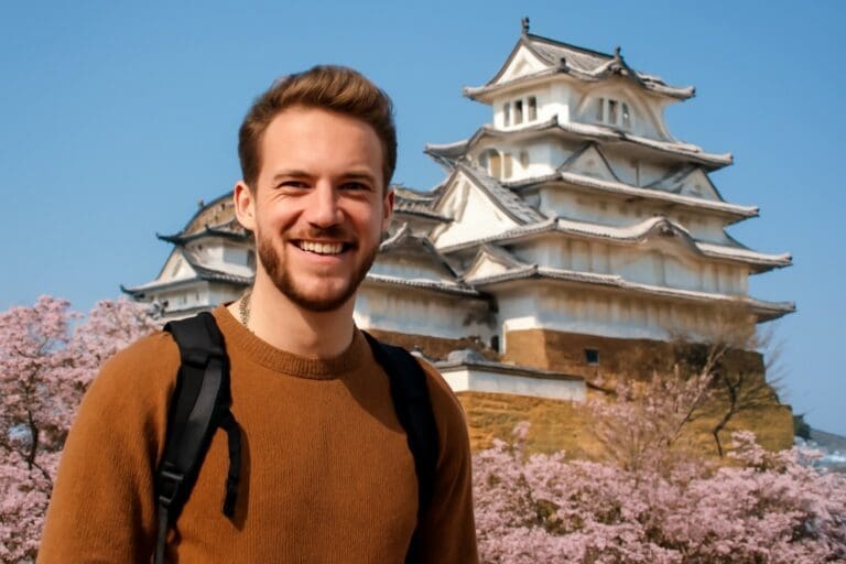 Himeji Private Tours Smiling man with a backpack in front of Himeji Castle surrounded by cherry blossoms in full bloom.