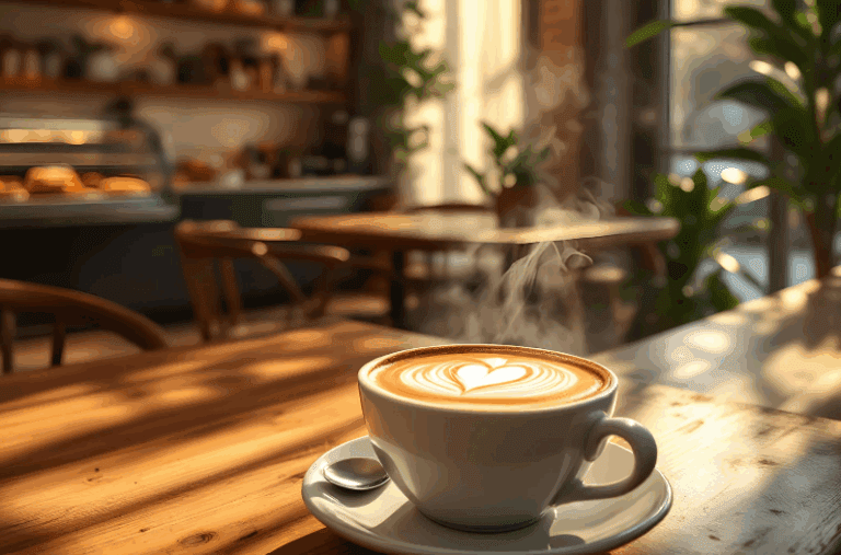 Best Coffee in Osaka, A steaming cup of coffee with latte art in the shape of a heart sits on a wooden table in a cozy, sunlit café—one of the spots for the Best Coffee in Osaka—with plants and empty chairs in the background.