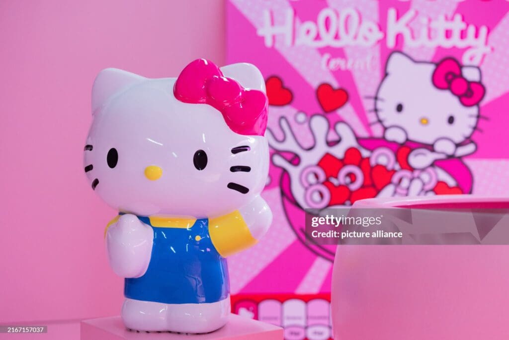 PRODUCTION - 22 August 2024, North Rhine-Westphalia, Cologne: Items with the logo are on display at a celebration of Hello Kitty's 50th birthday at the Supercandy Pop-Up Museum. Japanese designer Yuko Shimizu invents Hello Kitty, full name: Kitty White. It is a fictional character in stylized cat form. She becomes a cult figure. Photo: Rolf Vennenbernd/dpa (Photo by Rolf Vennenbernd/picture alliance via Getty Images)