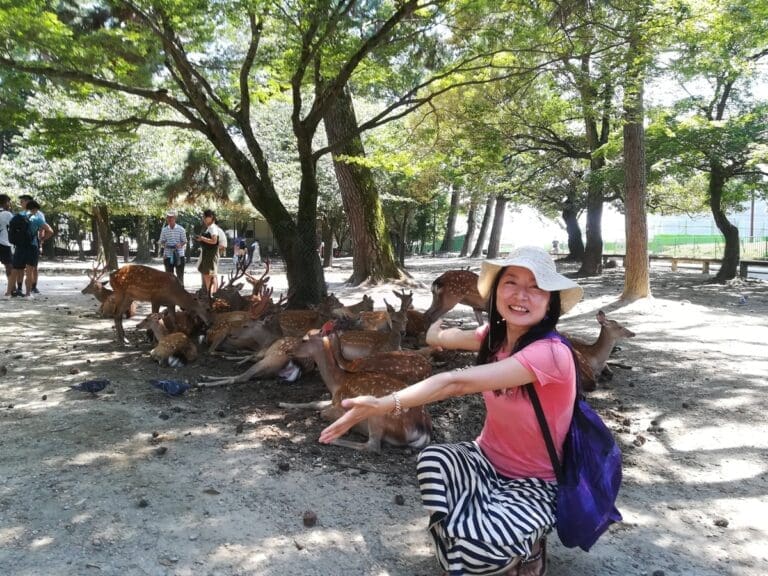 sdr A woman in a sunhat and striped pants poses smiling among deer under trees in a sunlit Osaka park. Other people and more deer are visible, capturing the spirit of Best Adventure Kansai and the joy of Kansai local tours.