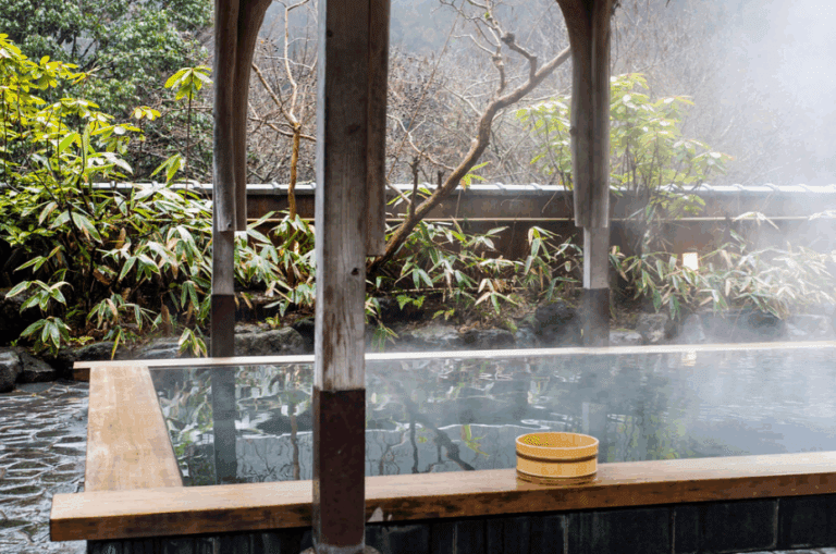 Outdoor hot spring with wooden edges and a bamboo bucket, surrounded by mist and greenery.