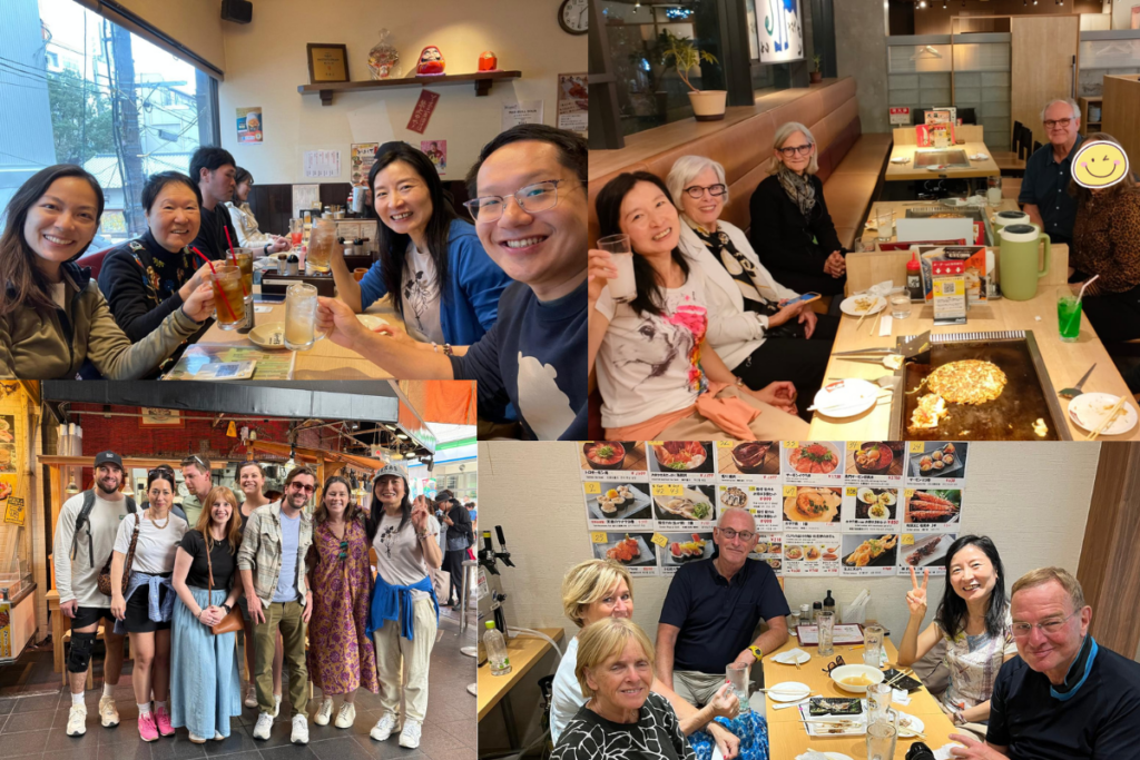 Group of people enjoying food and drinks at various dining establishments, smiling and toasting with glasses in a lively atmosphere.